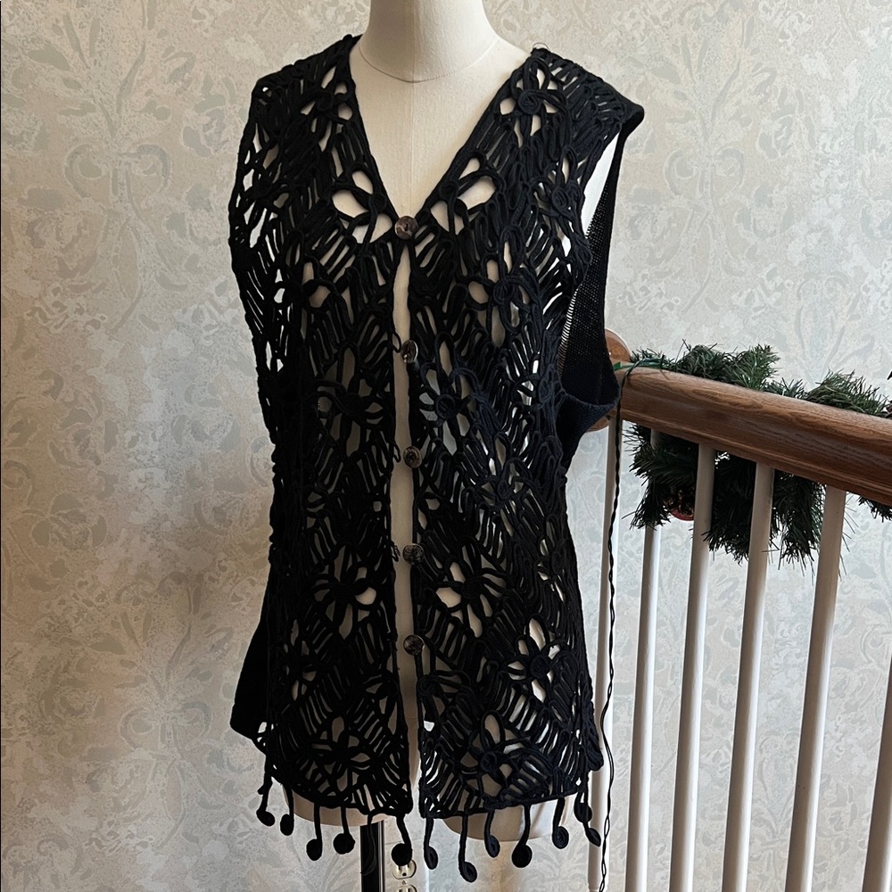 Black Crochet Vest with Button Details